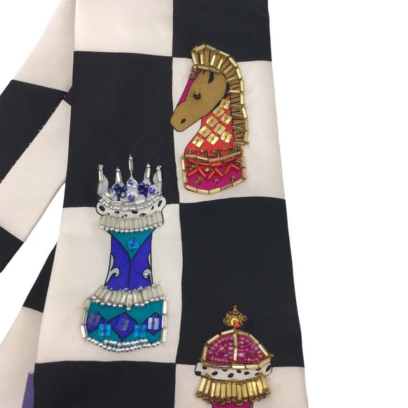 Black White Chess Board Fun Novelty Silk Necktie, Sequin Beaded Tie, Gambit NWT‎ - Picture 2 of 7
